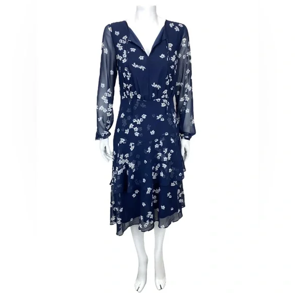 knee length dresses for ladies Banana Republic Multicolor Floral Paisley Long Sleeve Ruffle A Line Midi  Dress 0